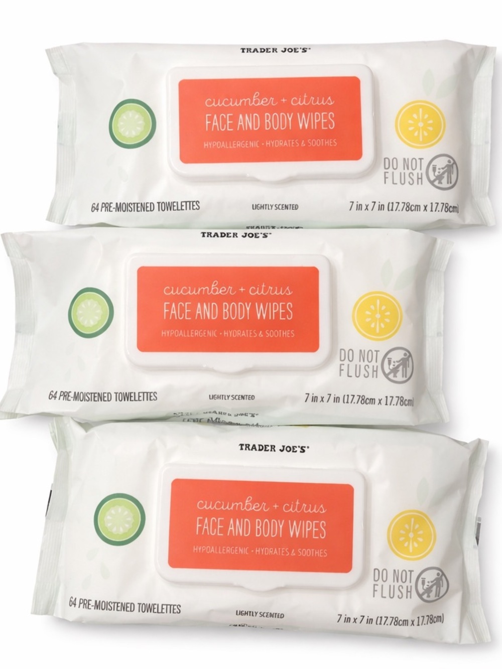 Trader Joe's Cucumber + Citrus Face and Body Wipes - Pack of 3